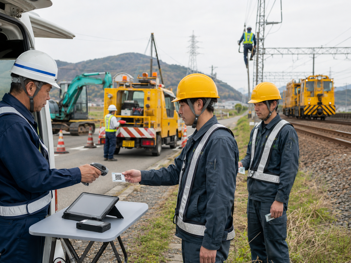 鉄道、道路、送電線、設備点検などの屋外作業現場で、仮設受付や管理車両付近にタブレットとバーコードリーダーを置き、作業員のQRコードを読み取っているイメージ。大掛かりなゲートが置けない環境。