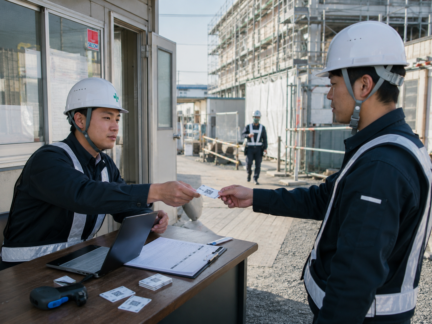 臨時作業員や応援要員にその場でQRコードカードを渡し、建設現場入口で読み取って入場記録を残しているイメージ。短期参加者にも簡単にQRを配布できる雰囲気。