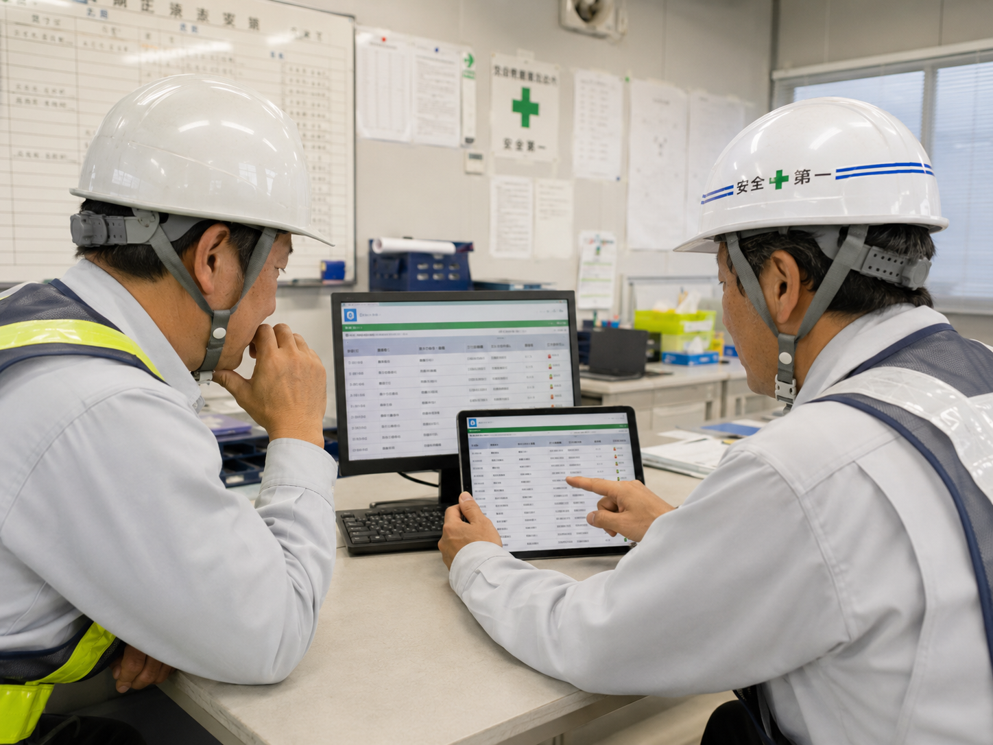 安全衛生担当者や現場所長が、タブレットやPCで作業員の入退場履歴を確認し、現場の安全管理や緊急時の所在確認に活用している写真品質のイメージ。建設現場の事務所内。