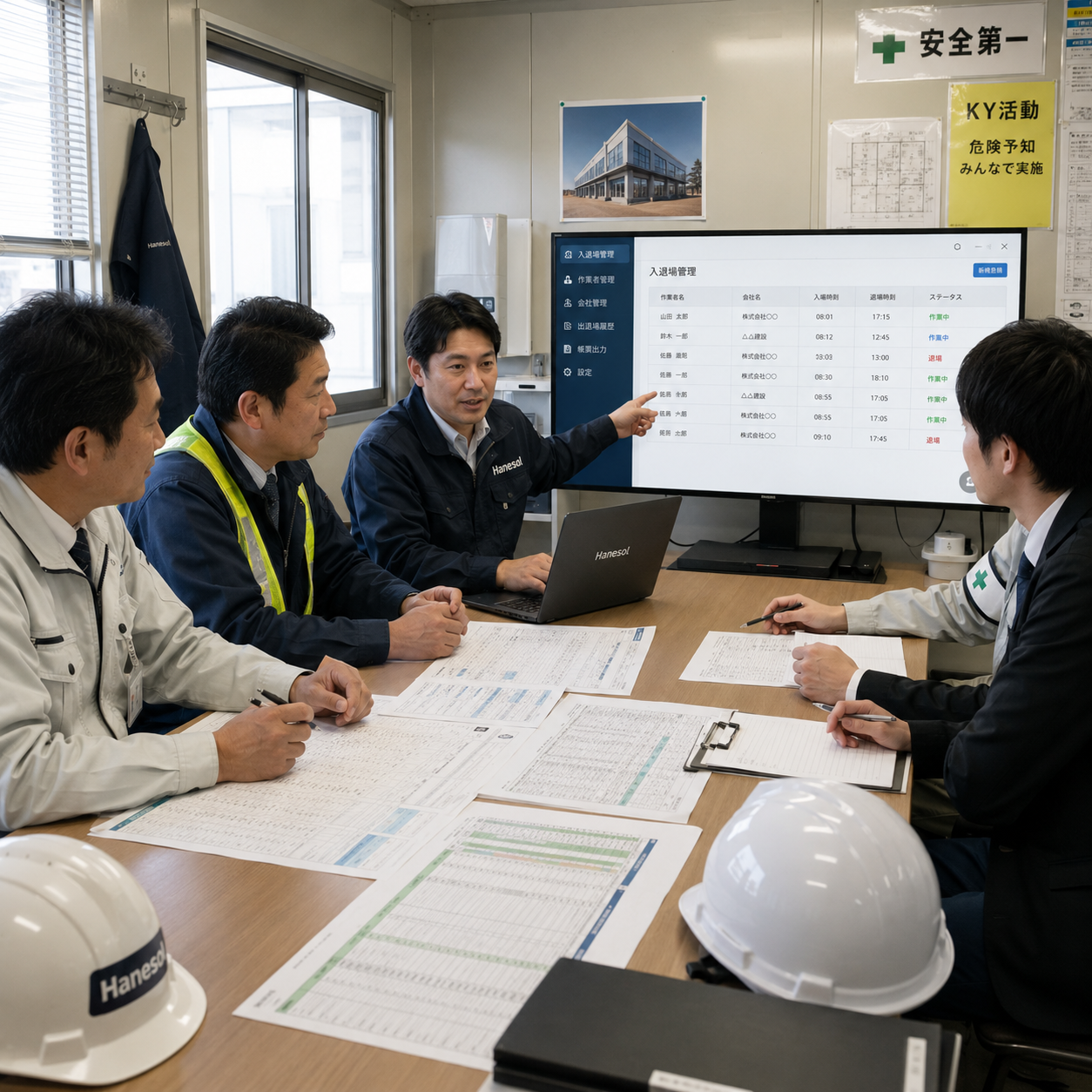 ハネソルの担当者が、建設会社の現場所長、施工管理担当者、安全衛生担当者、JV事務局担当者と打ち合わせを行い、紙の出面帳とExcel集計からQRコード入退場管理へ移行する相談をしている写真品質のイメージ。PC画面には作業員別・会社別の入退場履歴管理画面が表示されている。
